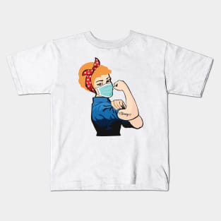 Pin Up Girl Blonde Hair Wearing Mask with Strong Tattoo Kids T-Shirt